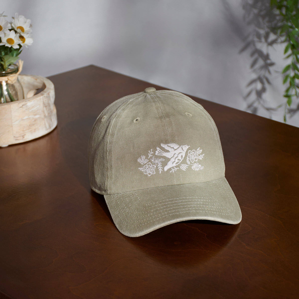 Peace Dove Baseball Cap tan with white embroidered front dove and floral design