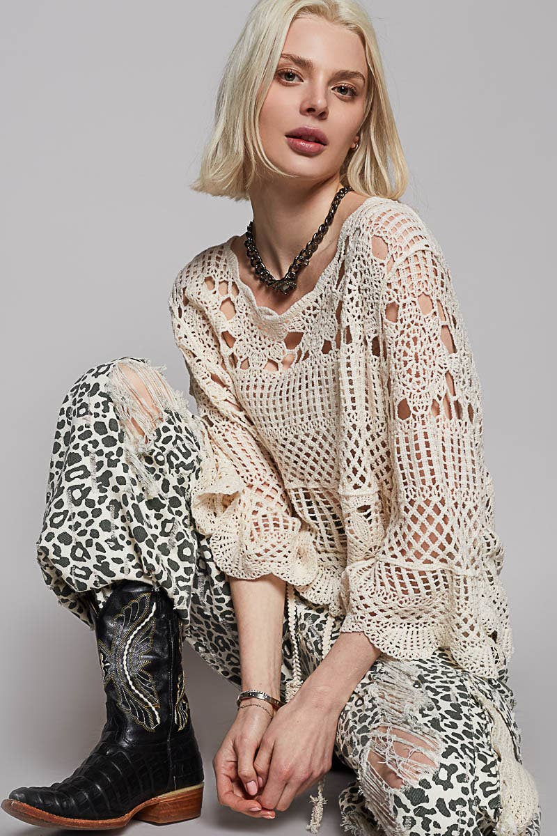 Pol Clothing - Round neck long sleeve crochet cardigan top. Natural color