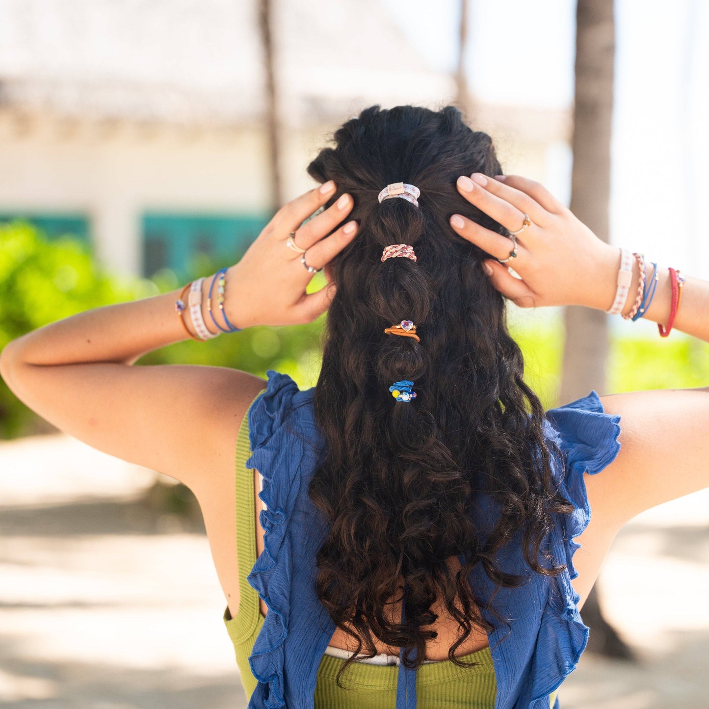 K'lani hair tie bracelets - "Dolce Vita" Floral Glass Beads with Gold Accents Hair Tie Bracelets