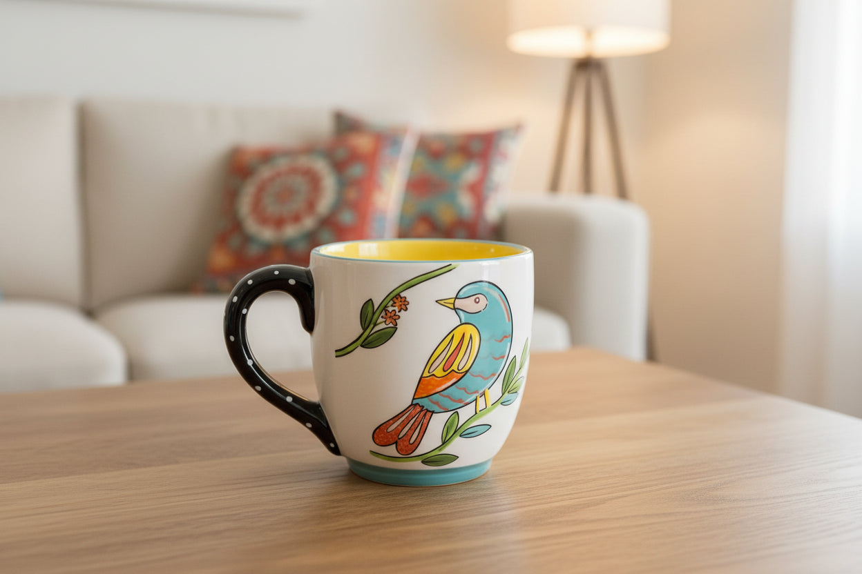 Ceramic mug 16 ounce with cute blue bird on one side reads Amazing Grace and How sweet the sound written on inside