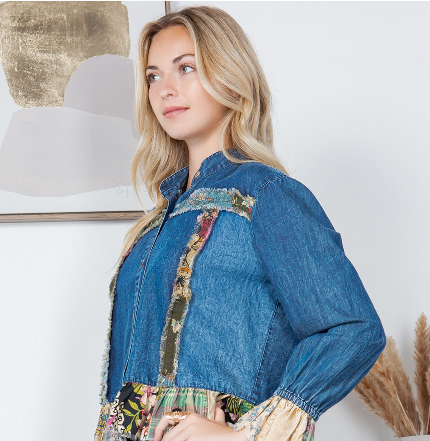 Western Boho Chic: Patch Pocket Cropped Denim Jacket with floral trim.