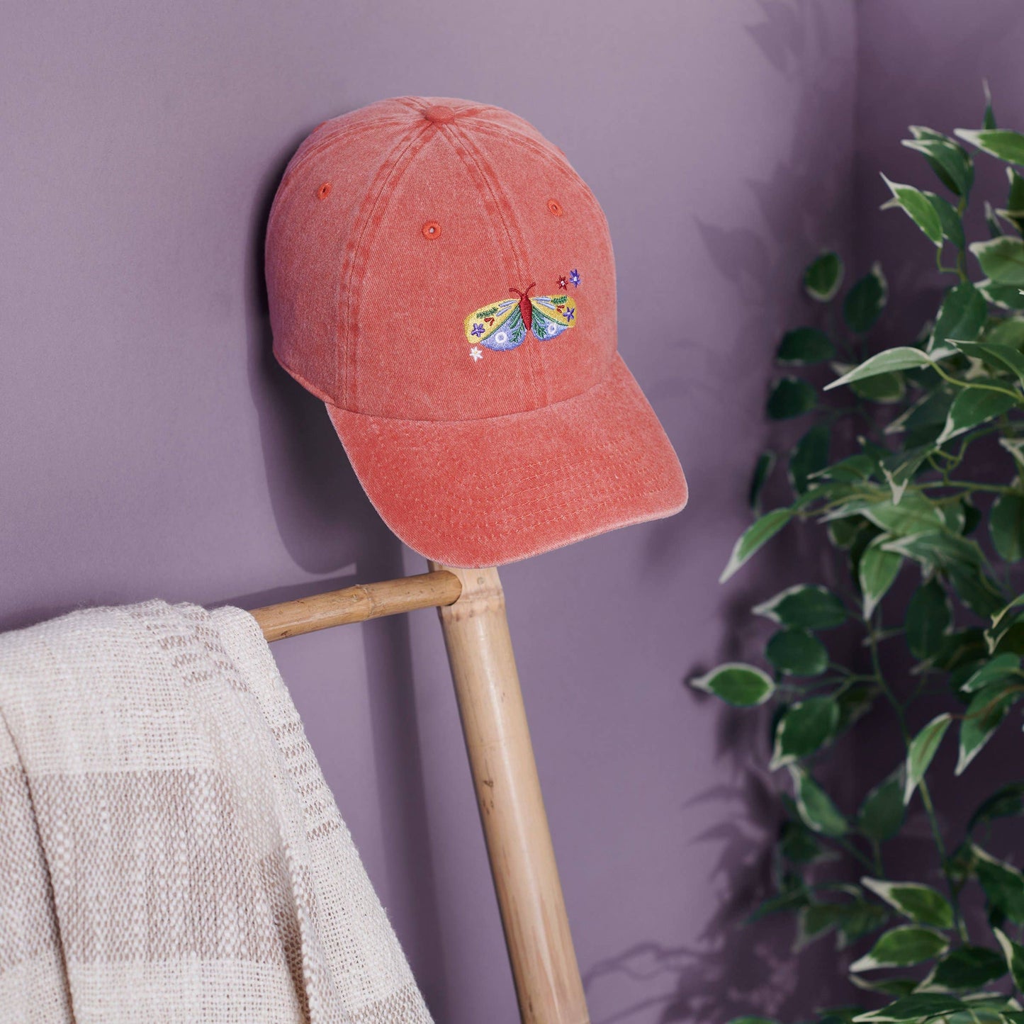 Butterfly Baseball Cap orange with colorful embroidered butterfly. Adjustable