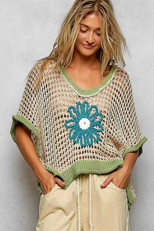Pol Clothing - Round Neck Sleeveless Floral loose weave crochet large daisy green natural blue