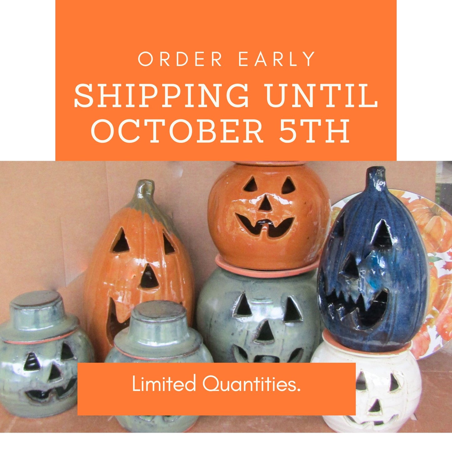Jack o lantern happy cut out face for candle, battery or electric lights. Indoors or outdoor decor for Fall, Thanksgiving, and Halloween. Pottery lantern.