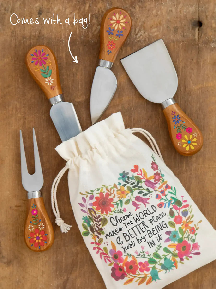 Cheese knife set of 4 wood handles with flowers Natural Life brand with drawstring bag for storage