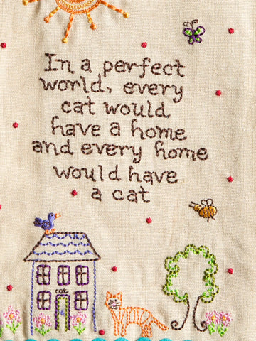 Linen embroidered  towel In a perfect world every home would have a cat.  Loop for hanging.