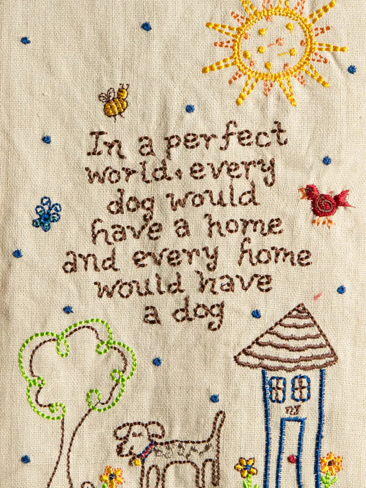 Linen embroidered  towel In a perfect world every home would have a dog. Loop for hanging.