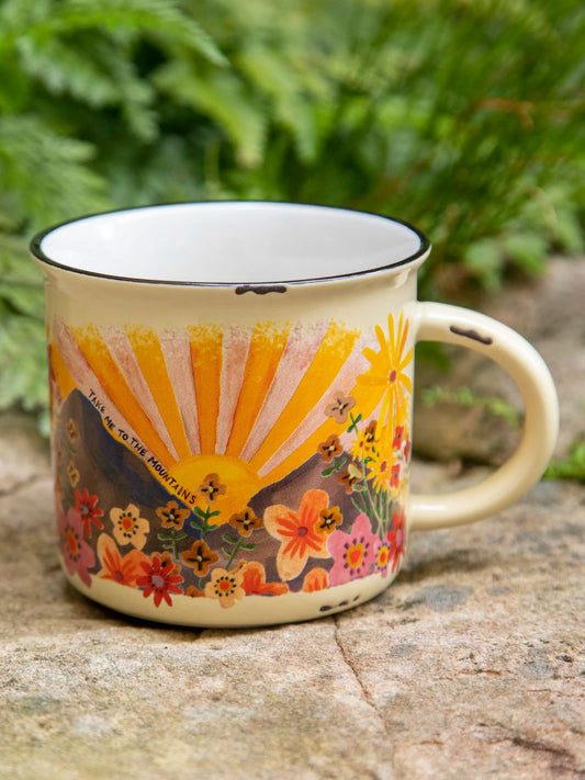 Take me to the mountains. Ceramic mug by Natural Life sunshine and flowers.