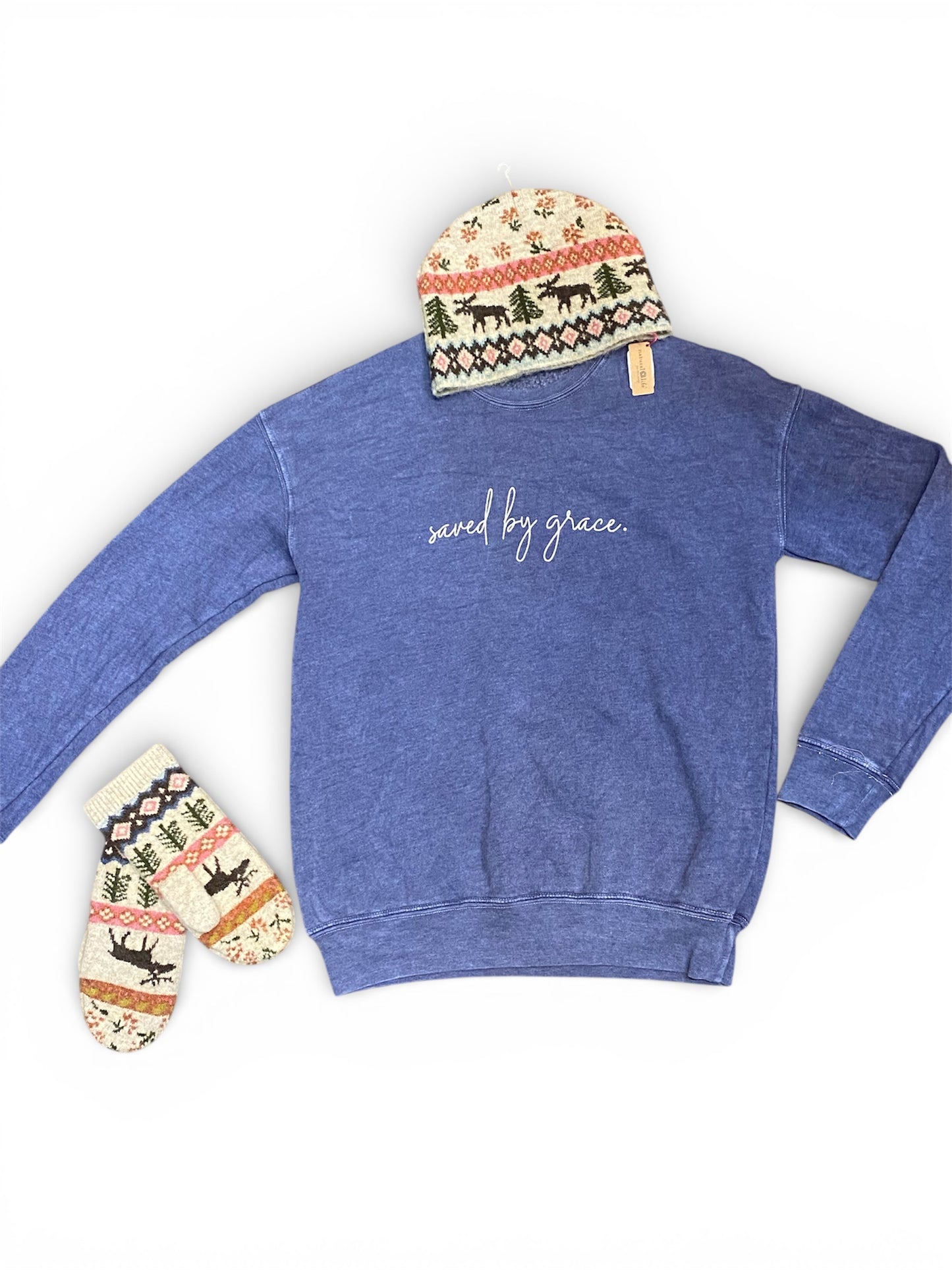 Sweatshirt Save by Grace  Jerzee  brand. Mineral washed graphic top in vintage denim blue