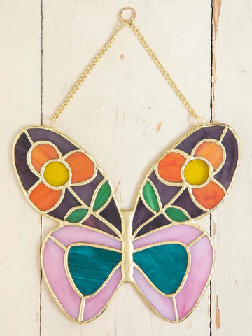 Stained glass panel, butterfly colorful and hangable