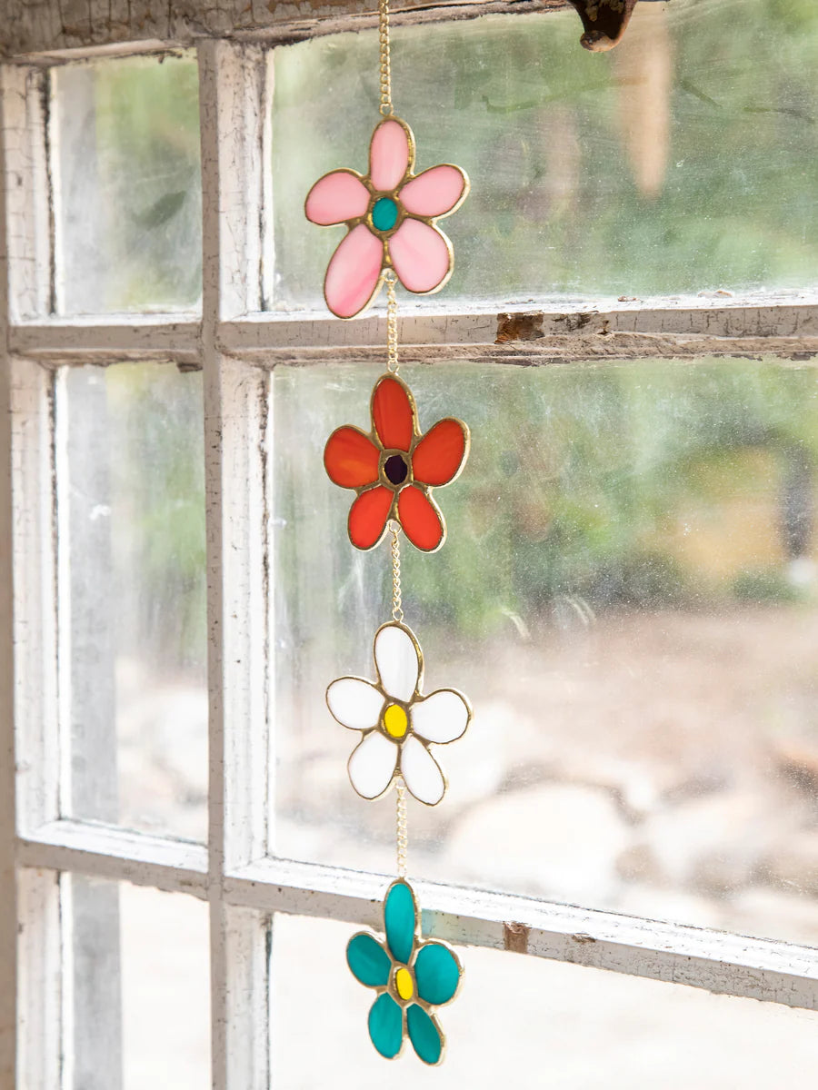 Stained glass daisy mobil.  Mulitple flowers, vertical hanging