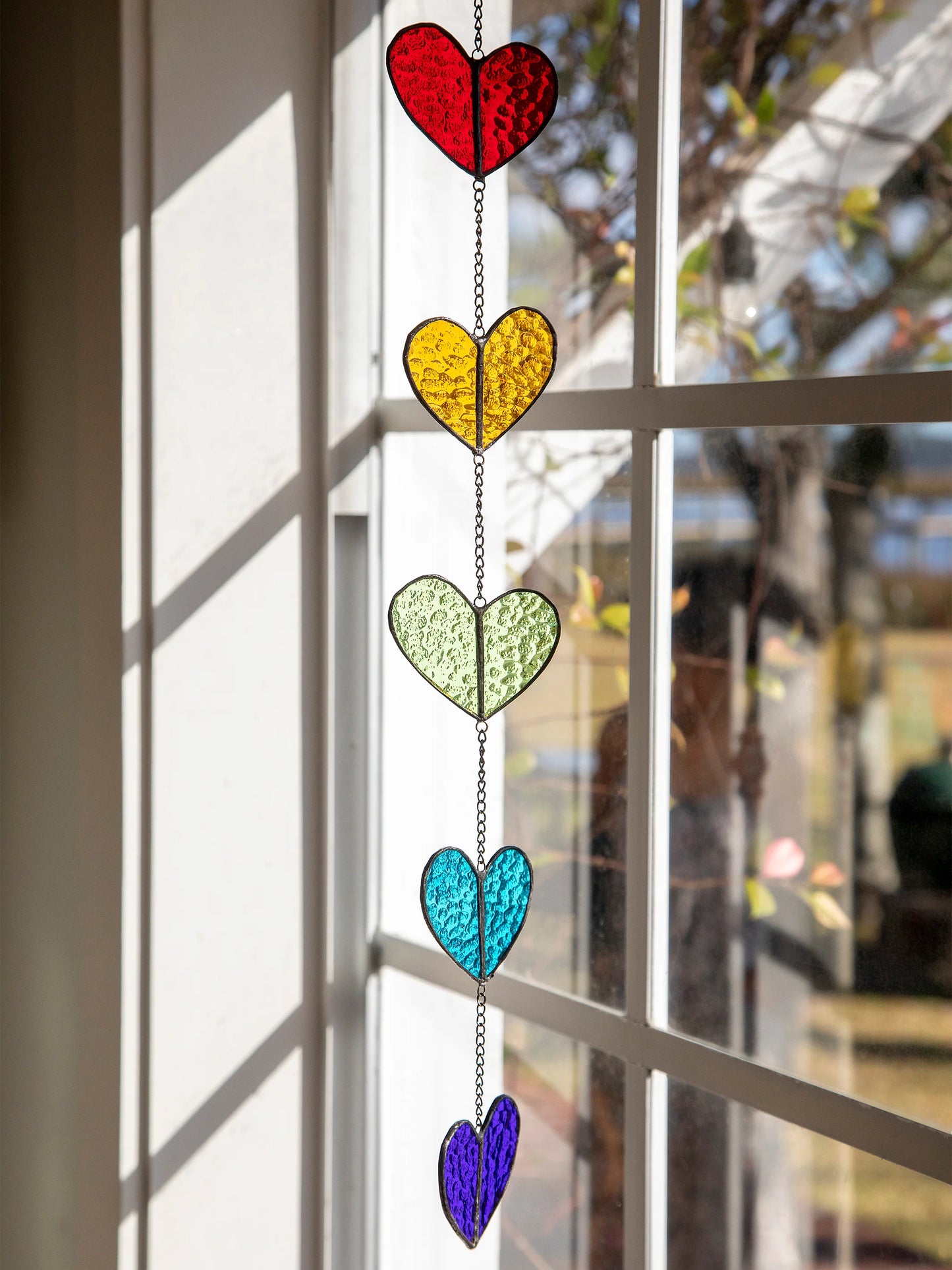 Stained glass.  Mulitple hearts, vertical hanging