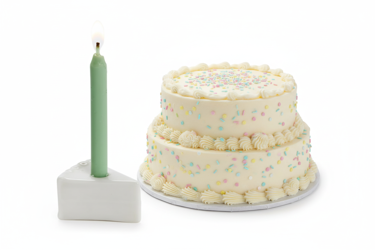 Porcelain slice of birthday cake that holds real candle. For Birthdays and suprises