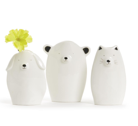 Dog cat or bear porcelain vase white small flower holder with gift box and positive message