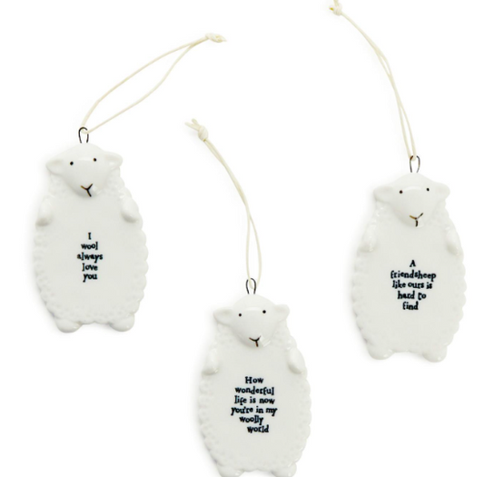 Sheep hanging ornament with words of love friendship and wonderful life porcelain white
