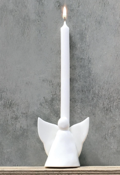 Angel taper candle holder porcelain white. sleek modern appeal
