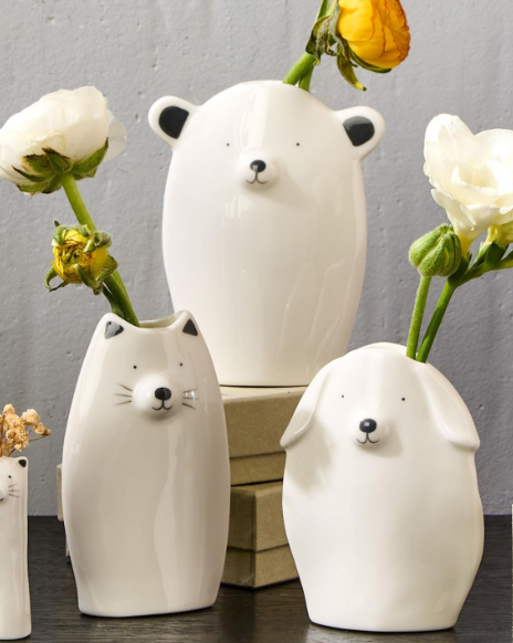 Dog cat or bear porcelain vase white small flower holder with gift box and positive message