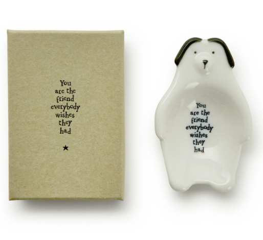 Porcelain animal trinket dish with dog, cat, sheep and bear.  Dish shape like bear, dog, cat, and sheep