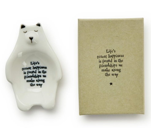 Porcelain animal trinket dish with dog, cat, sheep and bear.  Dish shape like bear, dog, cat, and sheep