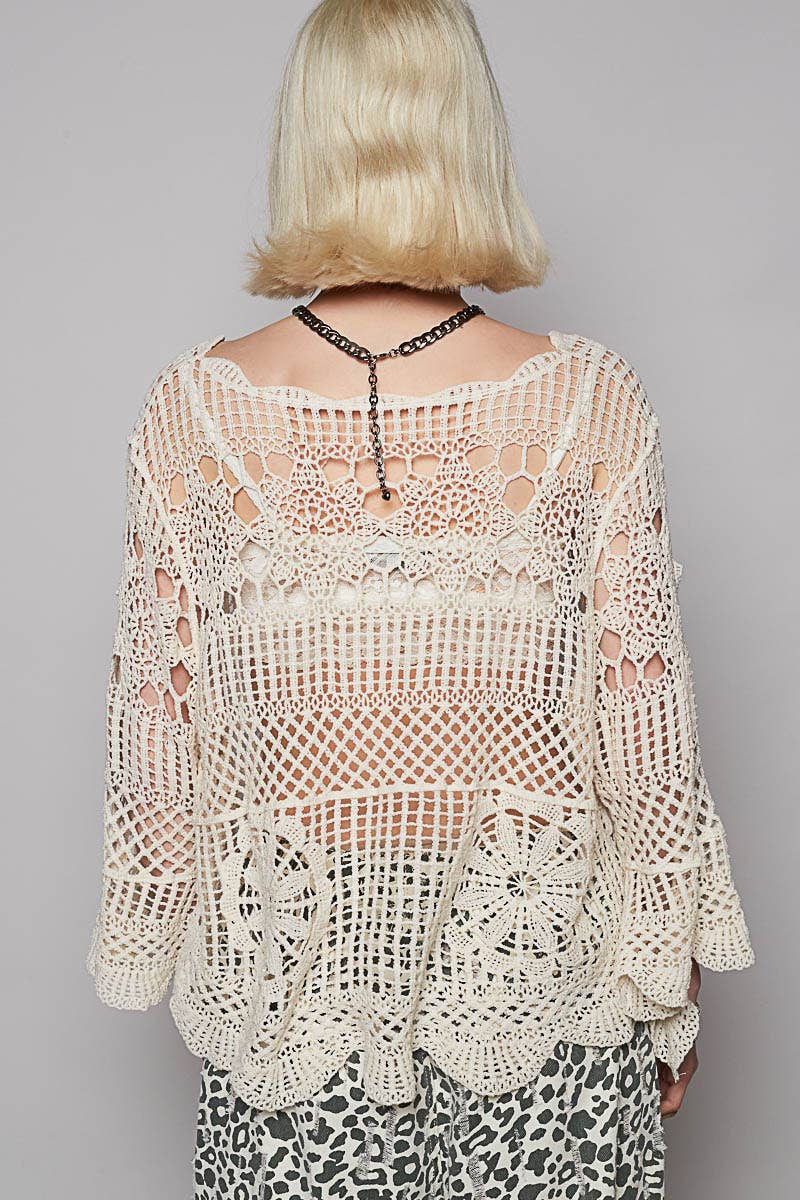 Pol Clothing - Round neck long sleeve crochet cardigan top. Natural color