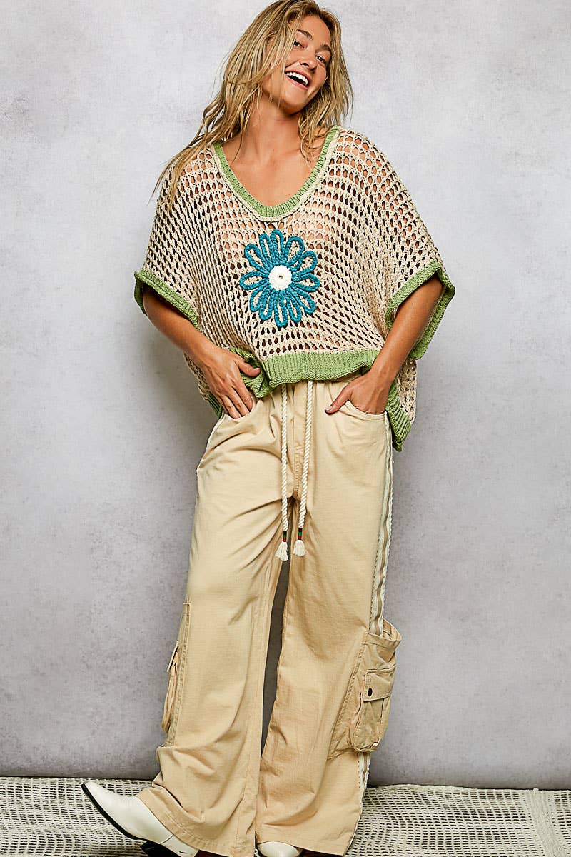 Pol Clothing - Round Neck Sleeveless Floral loose weave crochet large daisy green natural blue