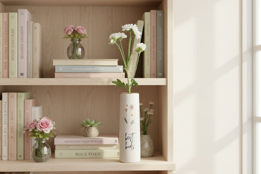White vase with floral design and text on a pink background