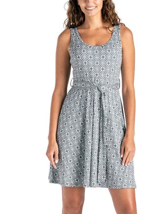 Sleeveless summer dress with belt  A line scoop neck cool soft lighweight stretch fabric light blue