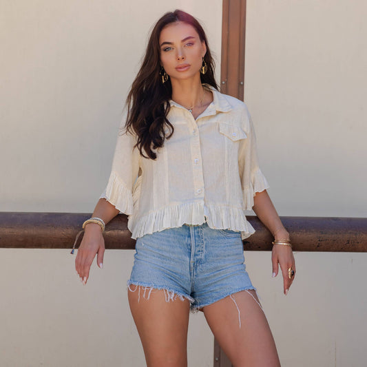 Distressed Denim Crop Jacket with Ruffled Hem Natural color