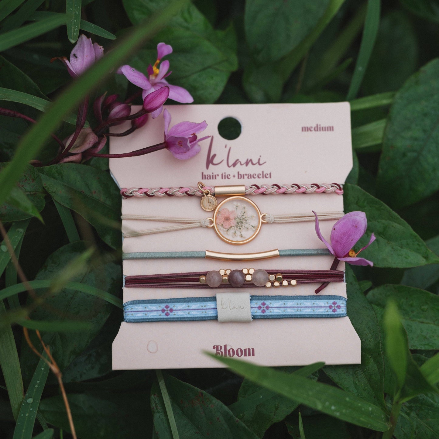 K'lani hair tie bracelets - "Bloom" Maroon and Pink with Pressed Flowers Hair Tie Bracelets