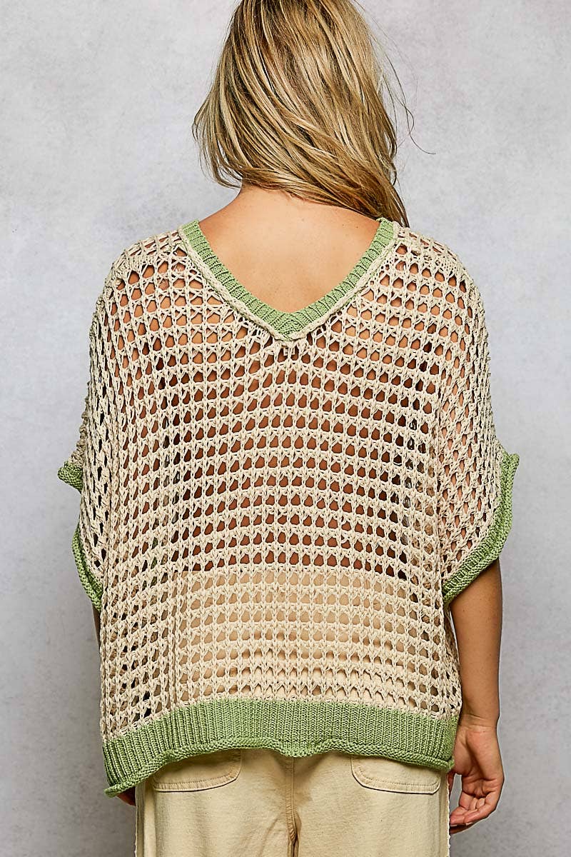 Pol Clothing - Round Neck Sleeveless Floral loose weave crochet large daisy green natural blue