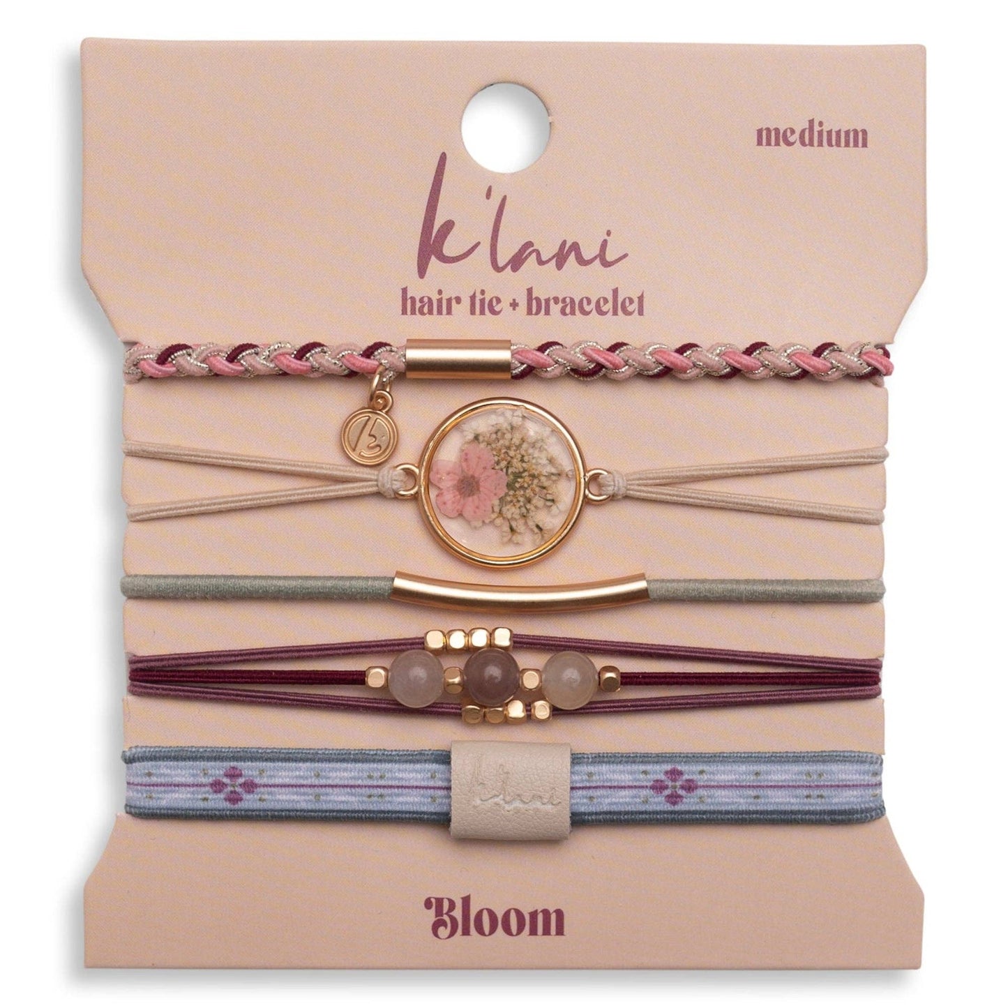 K'lani hair tie bracelets - "Bloom" Maroon and Pink with Pressed Flowers Hair Tie Bracelets
