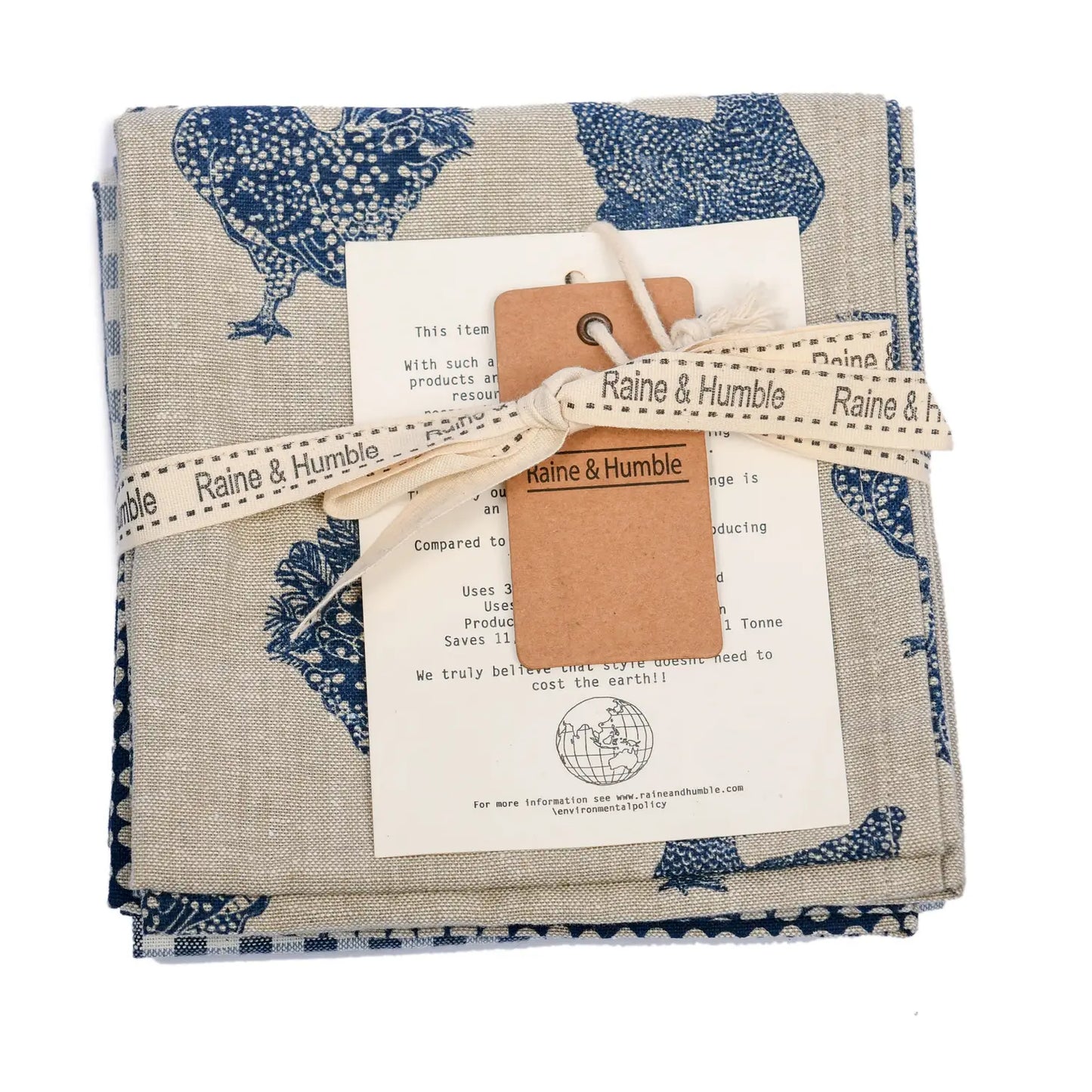 Chicken print set of 3 towels recycled cotton.  Raine & Humble recycled cotton. Blue chicken, gingham and stripped towels