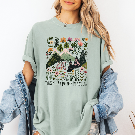 NC mouuntain tee shirt unisex. Trees and mountains flowers.  Light green shirt Comfort Colors