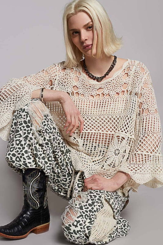 Pol Clothing - Round neck long sleeve crochet cardigan top. Natural color