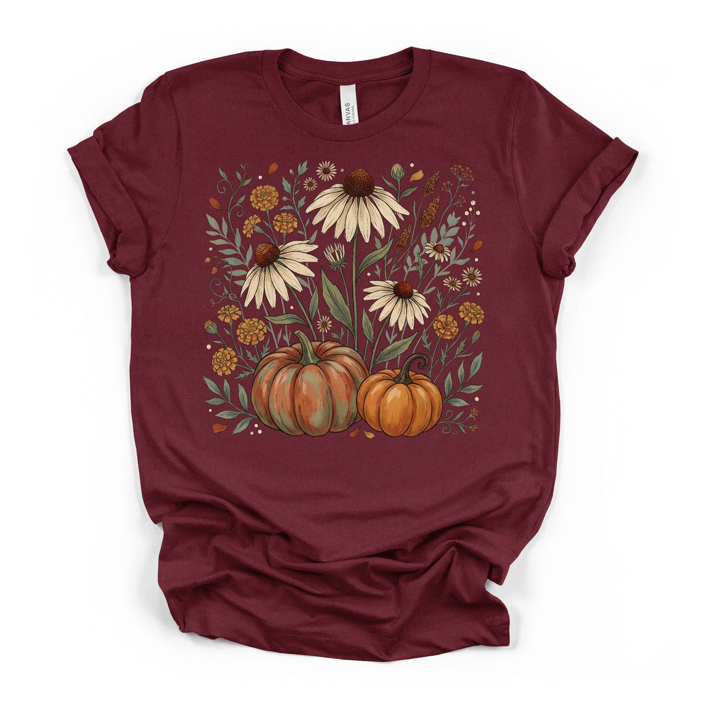 Floral Flower Pumpkin Fall Shirt, Autumn daisies, flowers, and pumpkins