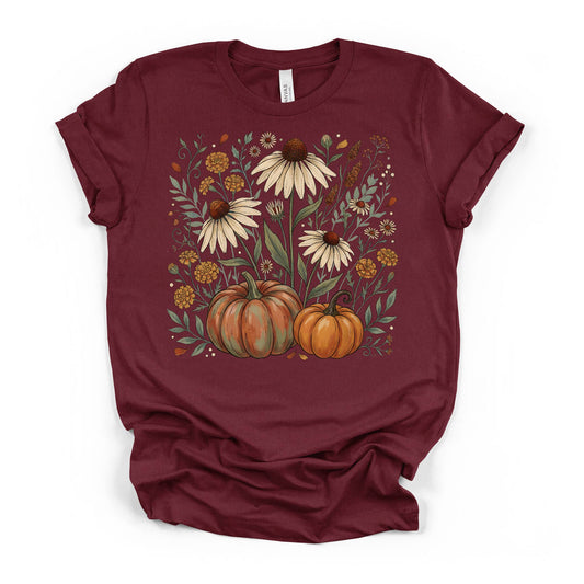 Floral Flower Pumpkin Fall Shirt, Autumn daisies, flowers, and pumpkins