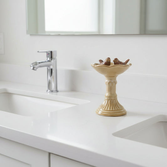 Ceramic bird bath with three birds on a white background