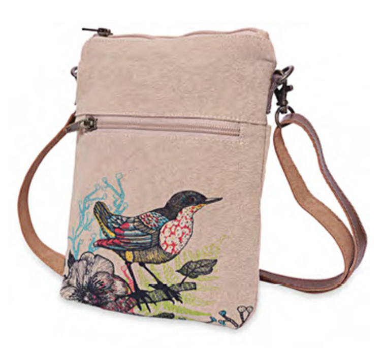 Bird on limb Canvas bag for cell phone. Crossbody phone case with leather strap. Cotton canvas art work zippers and open pockets for large phones
