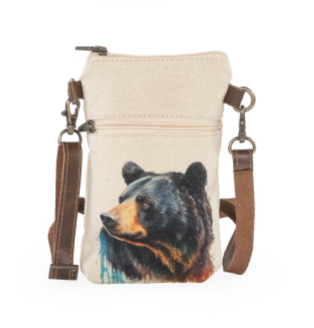Black bear canvas cellphone sling bag phone long removable strap for iphone. Art work on canvas