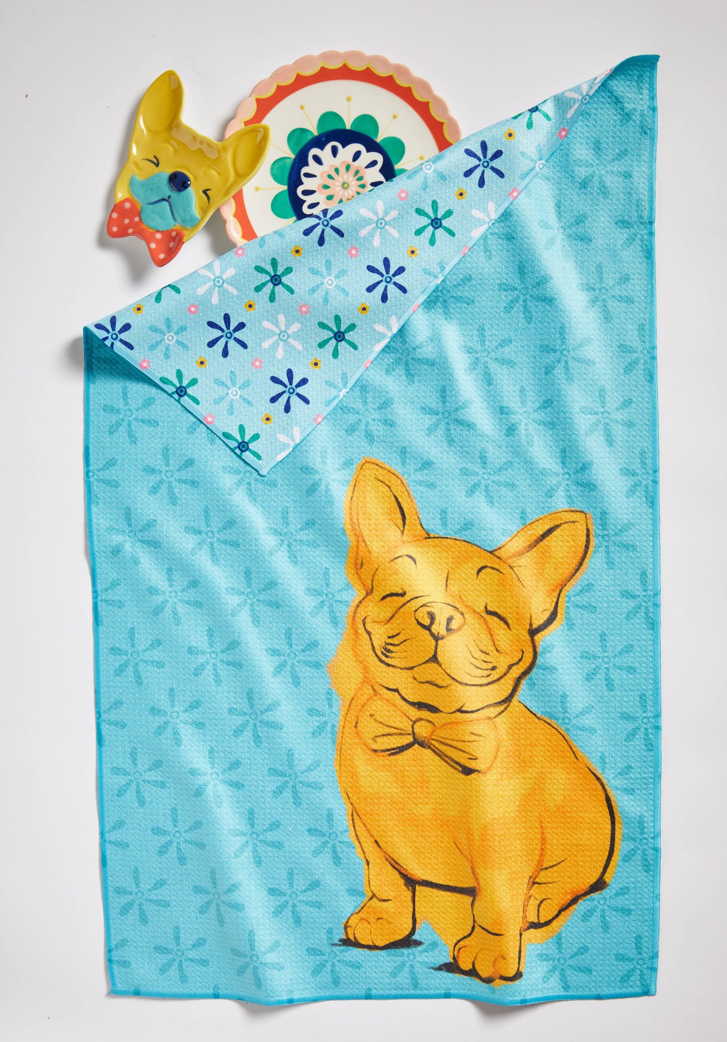 Frenchie dog Blue Multi Dishtowel Super Absorbent. Eco Friendly, Recycled towl