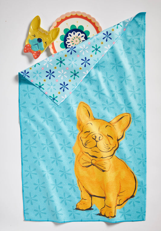 Frenchie dog Blue Multi Dishtowel Super Absorbent. Eco Friendly, Recycled towl