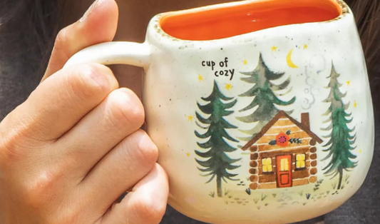 Ceramic cup with trees and cabin. Cup of Cozy mug. Coffee or tea. Natural Life Brand