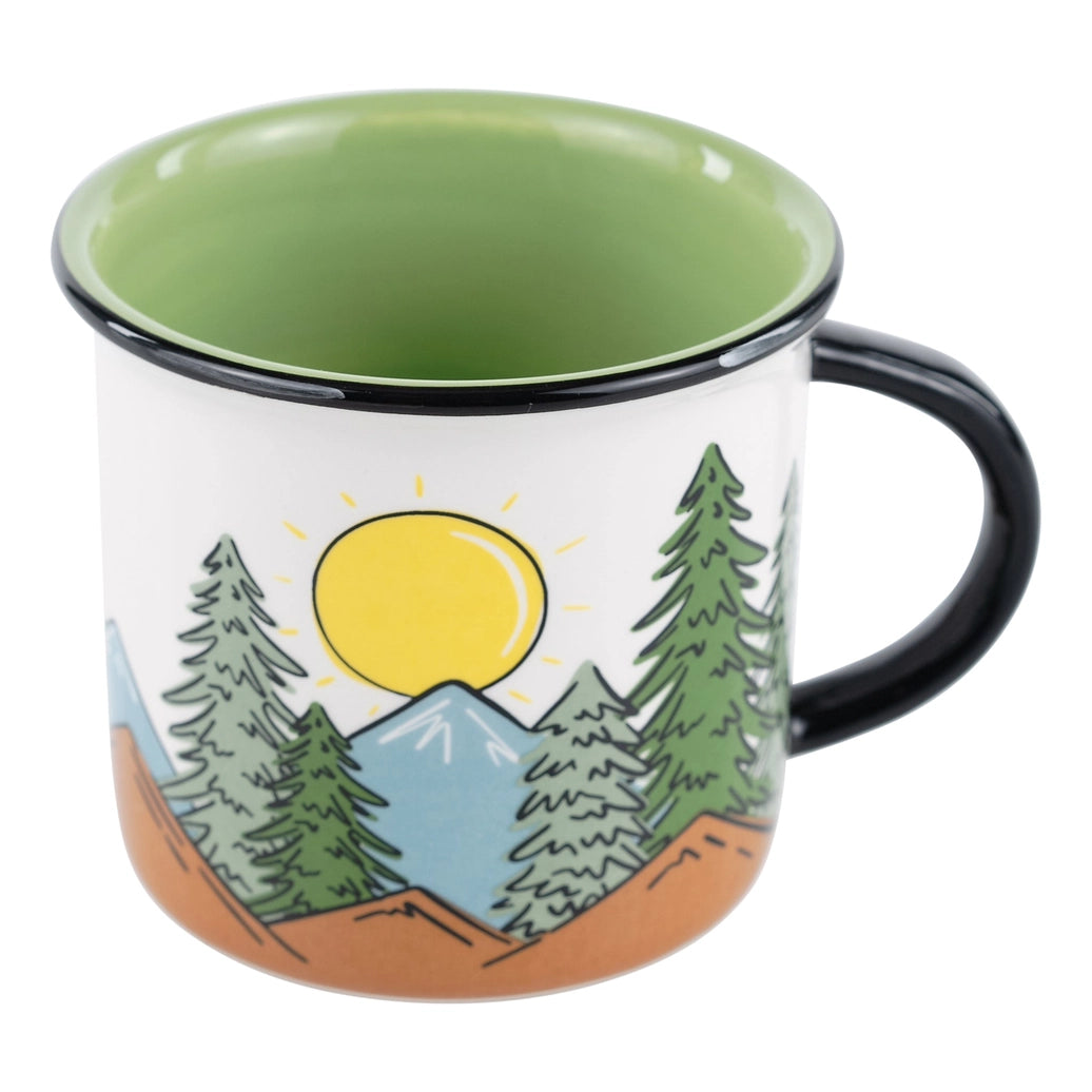 Ceramic mug 16 ounce with mountains reads Wander, Wonder, Repeat.