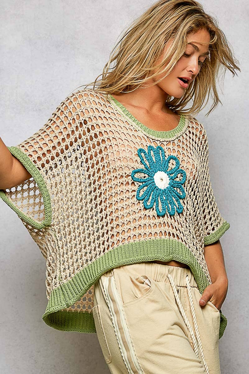 Pol Clothing - Round Neck Sleeveless Floral loose weave crochet large daisy green natural blue