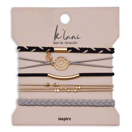 K'lani hair tie bracelets - "Inspire" Grey & Black with Gold Flower Accent Hair Tie Bracelets