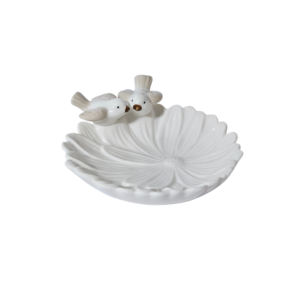 Flower Soap Dish with Pair of Birds white ceramic ring trinket dish