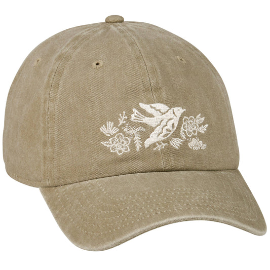 Peace Dove Baseball Cap tan with white embroidered front dove and floral design