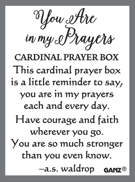 Cardinal on hinged metal trinket box round with card you are in my prayers. Faith based gift