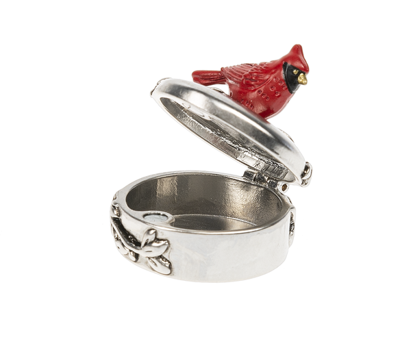 Cardinal on hinged metal trinket box round with card you are in my prayers. Faith based gift