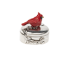 Cardinal on hinged metal trinket box round with card you are in my prayers. Faith based gift